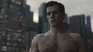 Henry Cavill shirtless in front of the Superman monument in Zack Snyder's Justice League. 