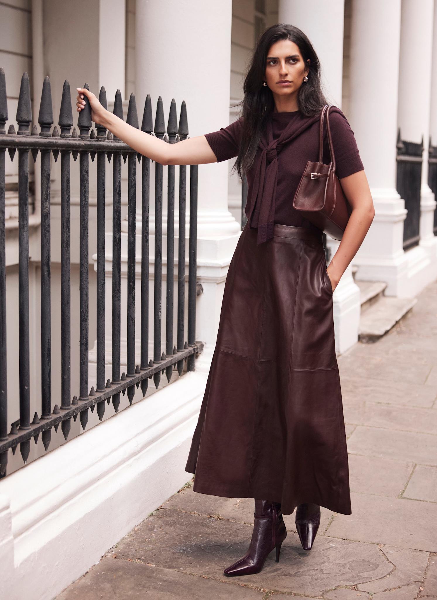 Burgundy Leather Midi Skirt
