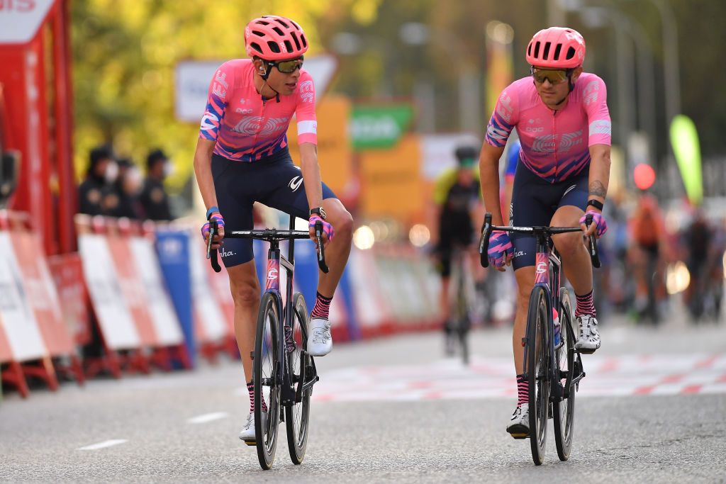 MADRID SPAIN NOVEMBER 08 Arrival Hugh Carthy of The United Kingdom and Team EF Pro Cycling Tejay Van Garderen of The United States and Team EF Pro Cycling during the 75th Tour of Spain 2020 Stage 18 a 1396km stage from Hipdromo de la Zarzuela to Madrid lavuelta LaVuelta20 La Vuelta on November 08 2020 in Madrid Spain Photo by Justin SetterfieldGetty Images