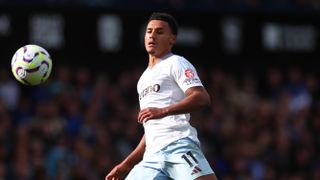 Ollie Watkins of Aston Villa chases the ball ahead of the Aston Villa vs Bayern Munich Champions League 2024 match