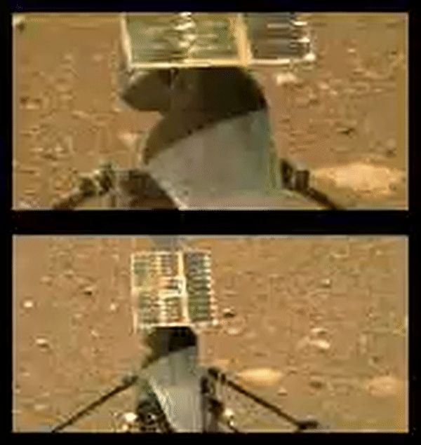 A series of images show the Ingenuity helicopter's blades moving after being unlocked.