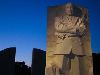 The 'Stone of Hope' centerpiece sculpture emerging from the 'Mountain of Despair' at the Martin Luther King, Jr. National Memorial.