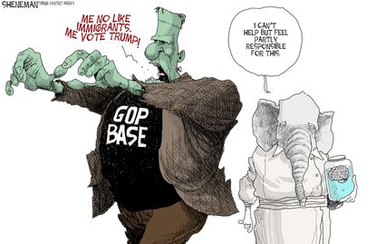 Political cartoon U.S. GOP Base Trump Frankenstein