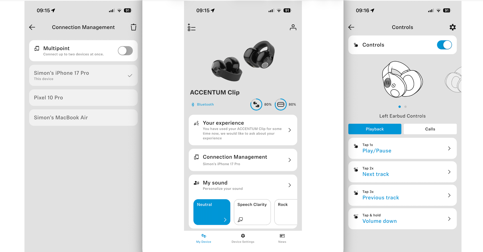 Sennheiser's Accentum Clip companion app, in a three-screengrab arrangement to show the features within it