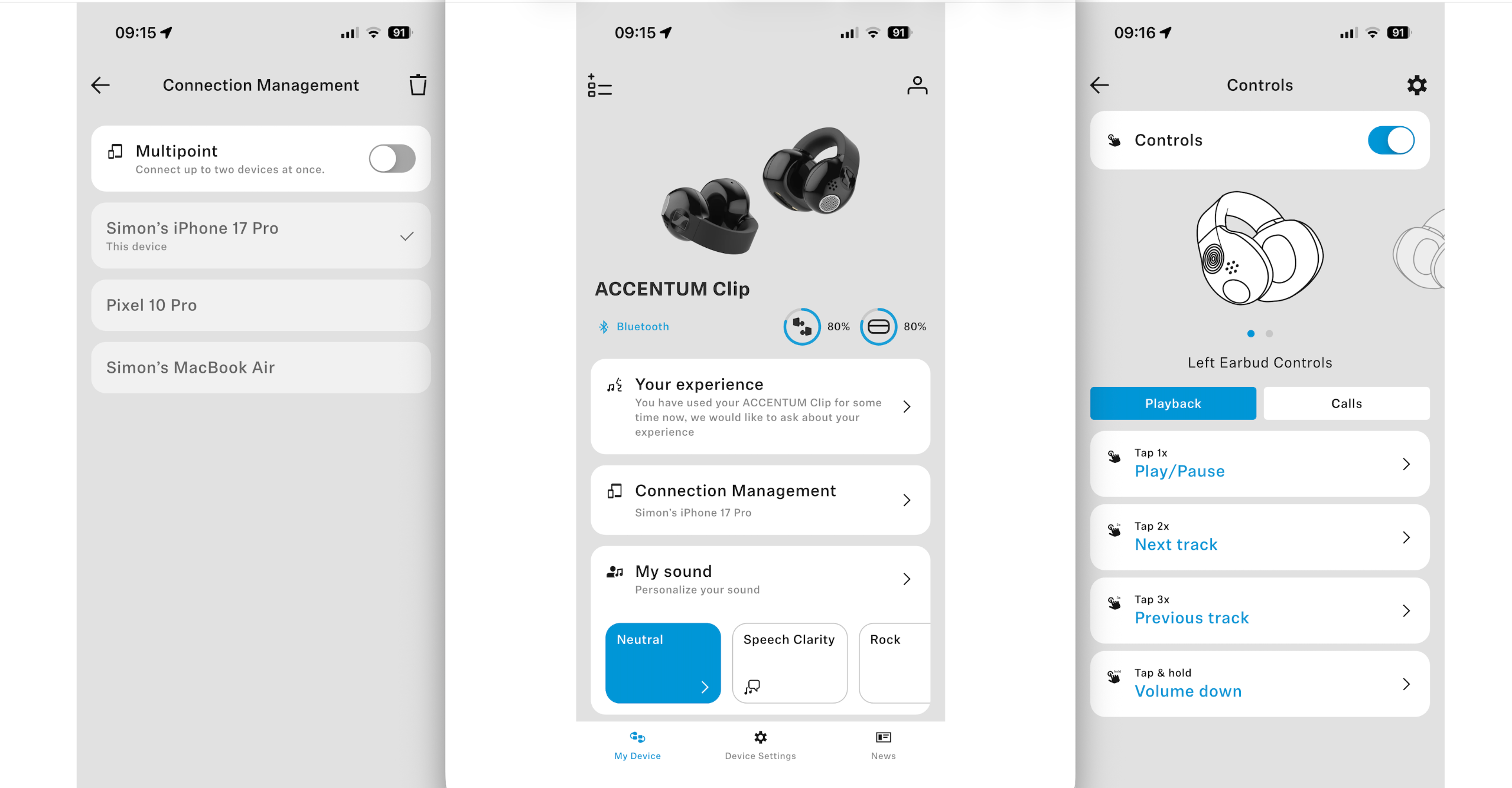 Sennheiser's Accentum Clip companion app, in a three-screengrab arrangement to show the features within it