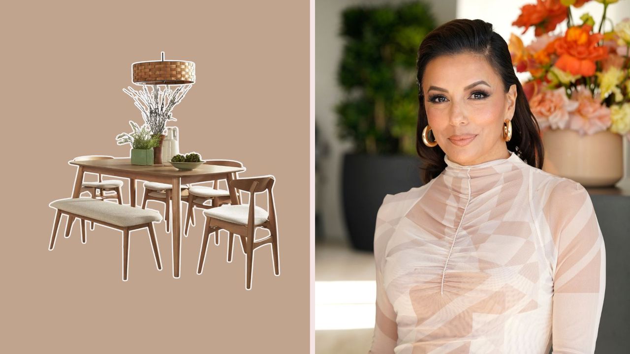 A modern wooden dining set Scandi-style on a brown background next to a picture of Eva Longoria in white