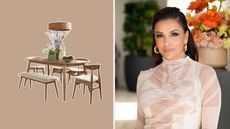 A modern wooden dining set Scandi-style on a brown background next to a picture of Eva Longoria in white