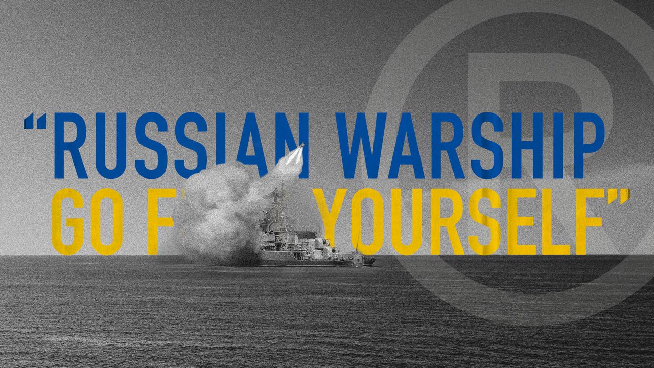 Photo collage of the phrase &quot;Russian warship go F yourself&quot; with the F word being censored by a photo of a Russian warship. The phrase is in the colours of the Ukrainian flag.