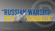 Photo collage of the phrase "Russian warship go F yourself" with the F word being censored by a photo of a Russian warship. The phrase is in the colours of the Ukrainian flag.