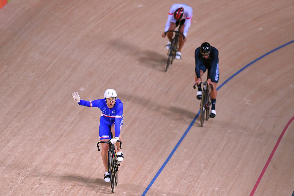 Francois Pervis (France) celebrates winning his first round of the keirin