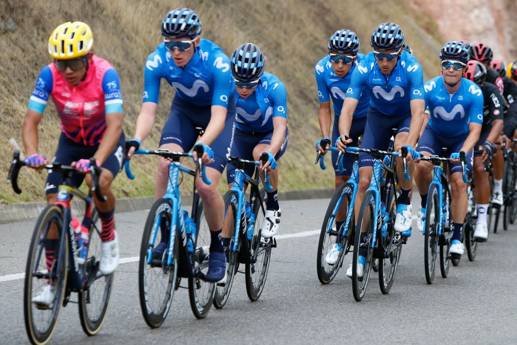 BOYACA COLOMBIA FEBRUARY 14 Carlos Betancur of Colombia and Team Movistar Eduardo Sepulveda of Argentina and Team Movistar Einer Augusto Rubio Reyes of Colombia and Team Movistar Peloton during the 3rd Tour of Colombia 2020 Stage 4 a 1686km stage from Paipa to Santa Rosa de Viterbo Boyac 2751m TourColombiaUCI TourColombia2020 on February 14 2020 in Boyac Colombia Photo by Maximiliano BlancoGetty Images