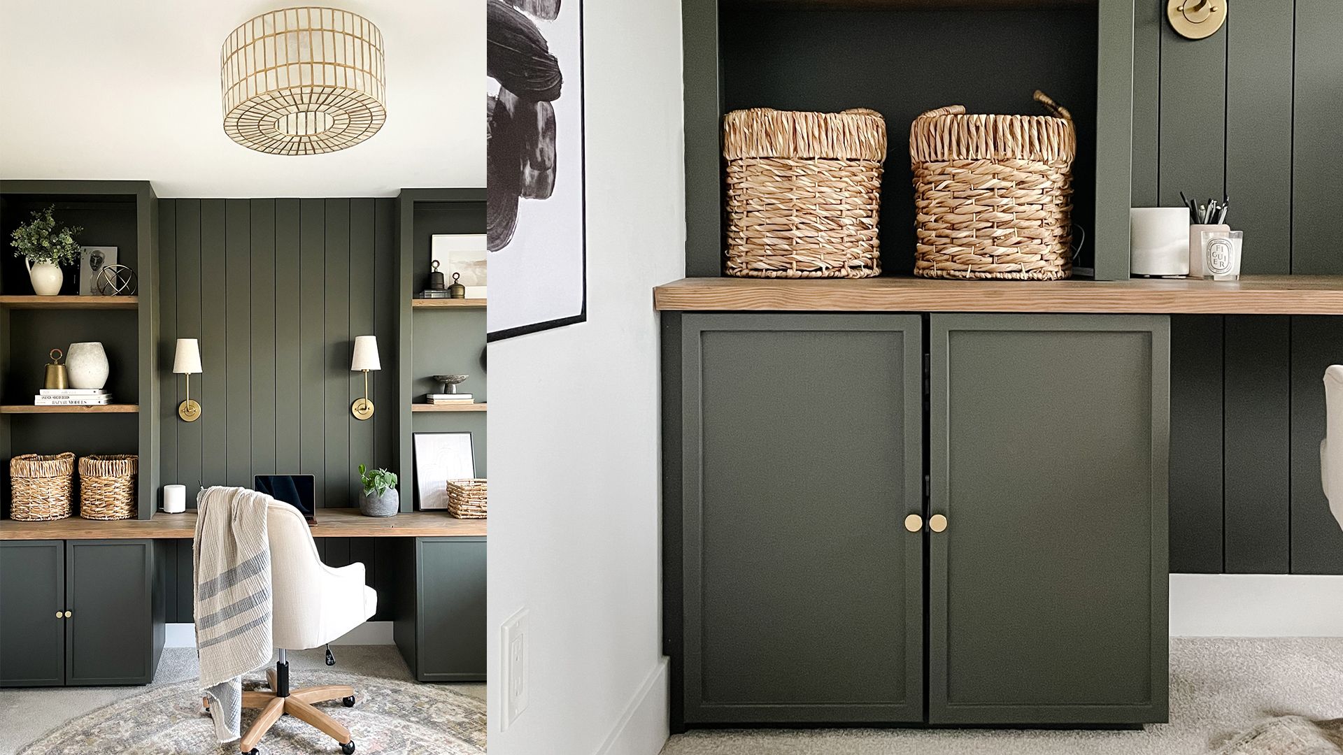Stylish home office with built-in cabinets and rustic wood desktop