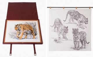 Two images: Left- One of a set of three Dallet lithographs bound in an Hermès leather folio, Right- a handmade tapestry featuring tigers