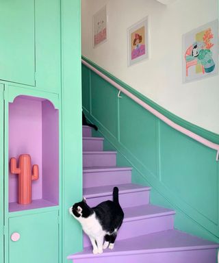 Mint green and purple staircase paint ideas with alcove and cat sitting on staircase