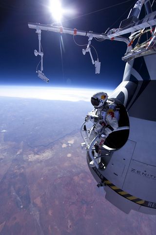 Pilot Felix Baumgartner of Austria seen before his jump at the first manned test flight for Red Bull Stratos in Roswell, New Mexico on March 15, 2012.