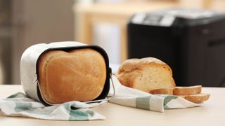 Two loaves of bread in front of a bread machine
