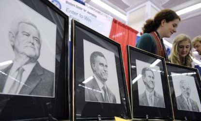 Drawings of the Republican presidential candidates are displayed at a booth at the annual Conservative Political Action Conference in Washington, D.C.