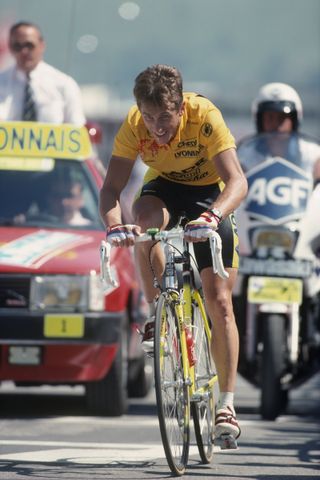 Greg Lemond from the USA at the arrival of stage 17 of the 1989 Tour de France. (Photo by Jean-Yves Ruszniewski/TempSport/Corbis/VCG via Getty Images)