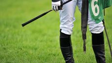 Racing whip rules: image shows an unidentifiable jockey holding a whip