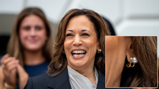 Vice President Harris Delivers Remarks Celebrating NCAA Championship Teams. A close-up of her earrings has been superimposed in the bottom right corner of the image to more clearly show her jewelry.