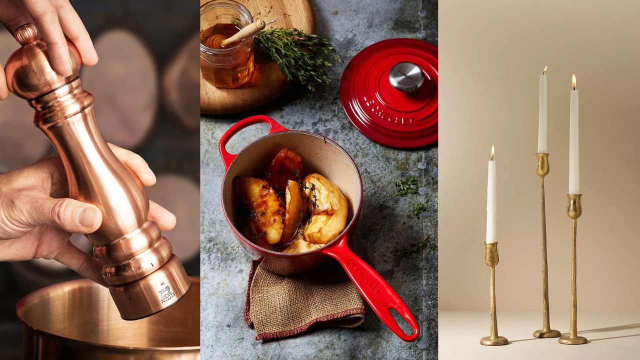 Peugeot Paris Chef Copper Mill, Le Creuset Saucepan, Anthropologie Aurora Candles