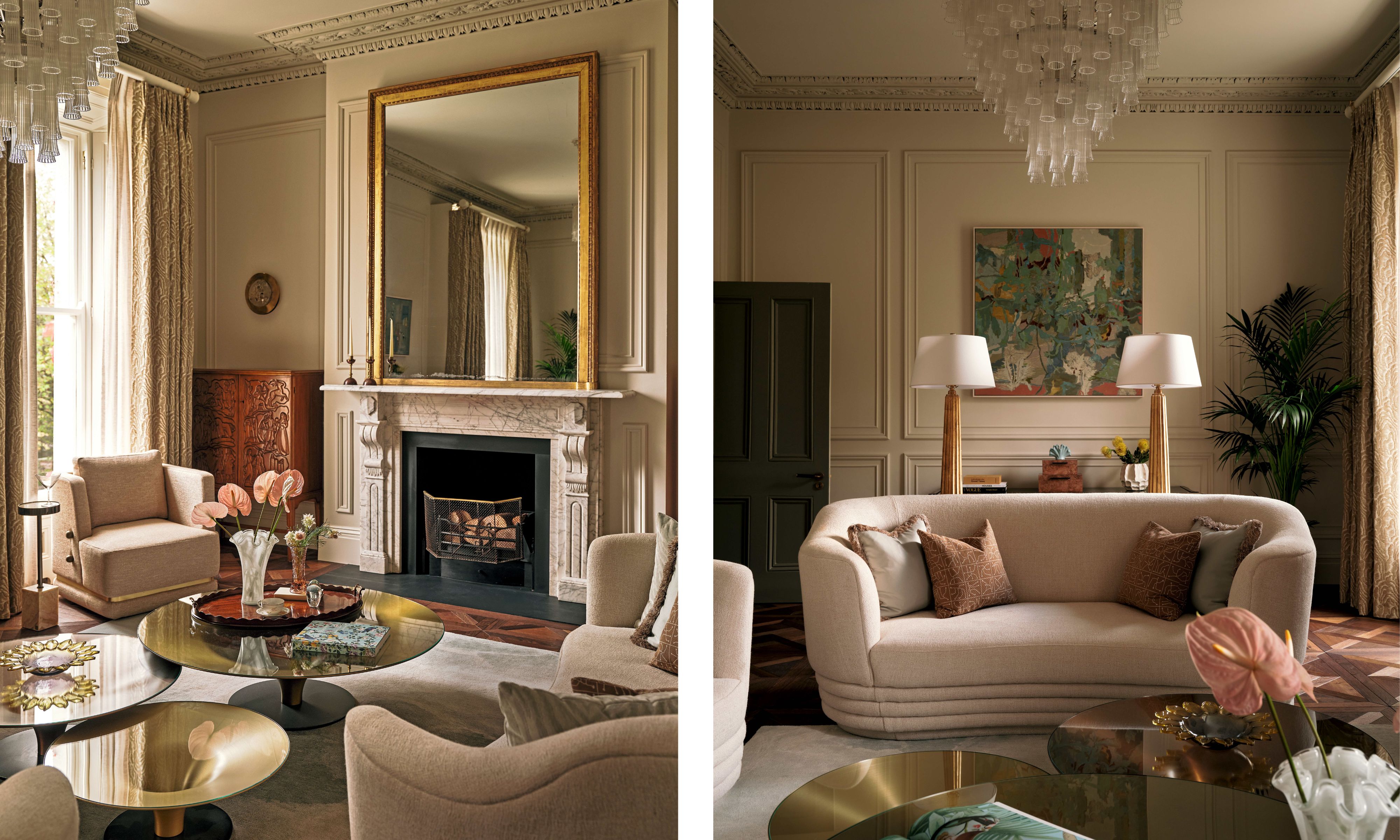 Left image: neutral living room with tall ceilings and wall painted in a soft beige. There is a marble fireplace with a gold mirror hanging above and a vintage wooden cabinet in the alcove. Three round gold coffee tables sit in the middle and cream arm chairs sit around. Right image: a different angle of the same living room, focusing on the cream sofa with two matching lamps on a console behind