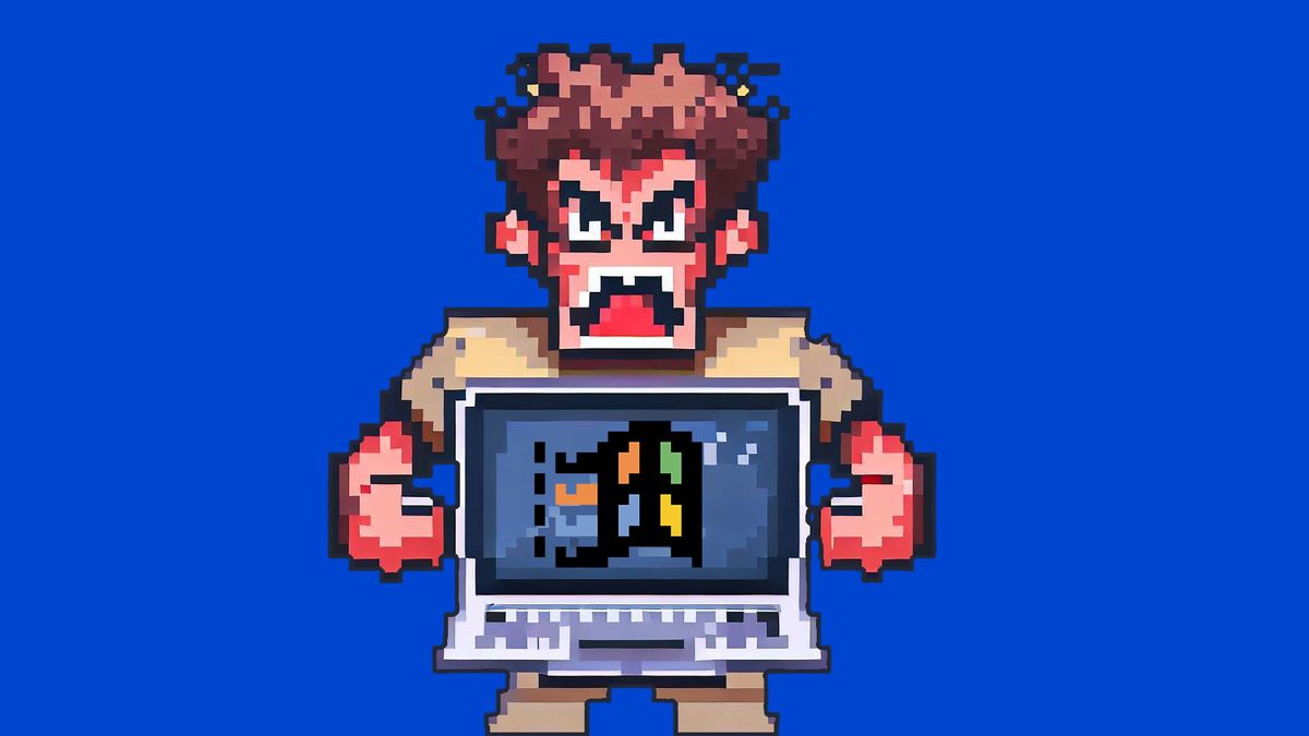 Angry pixel man holding a Windows PC logo laptop