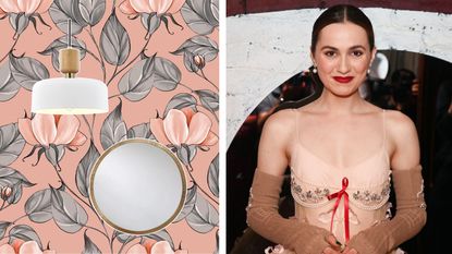 A pink vintage floral background with a modern light pendant and brass round mirror next to an image of Maude Apatow in a peach dress