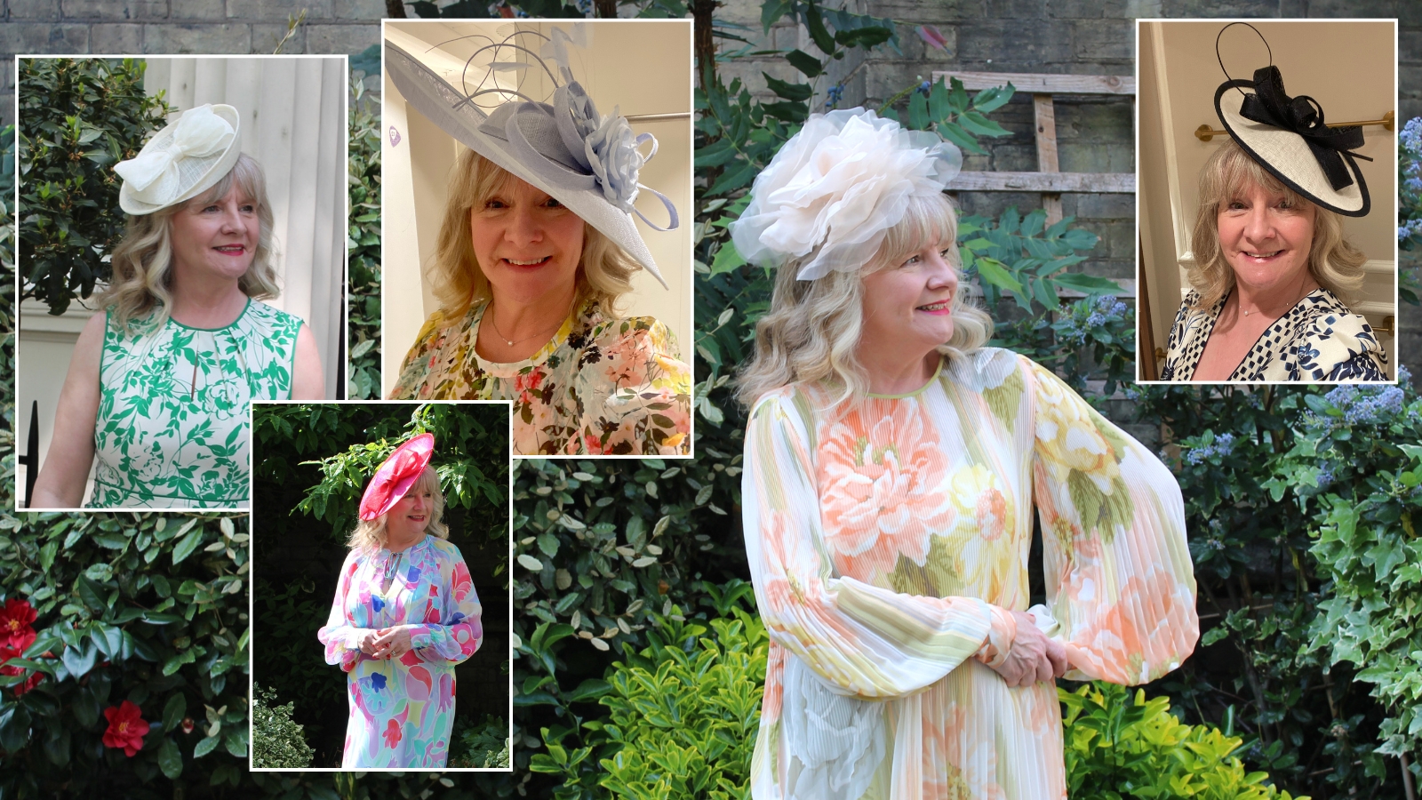 Julie Player wearing a selection of hats and fascinators for mother of the bride