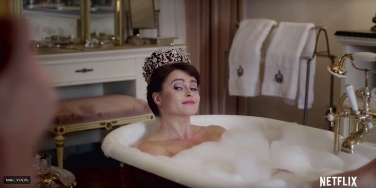 Helena Bonham Carter sitting in a bathtub wearing a tiara on The Crown