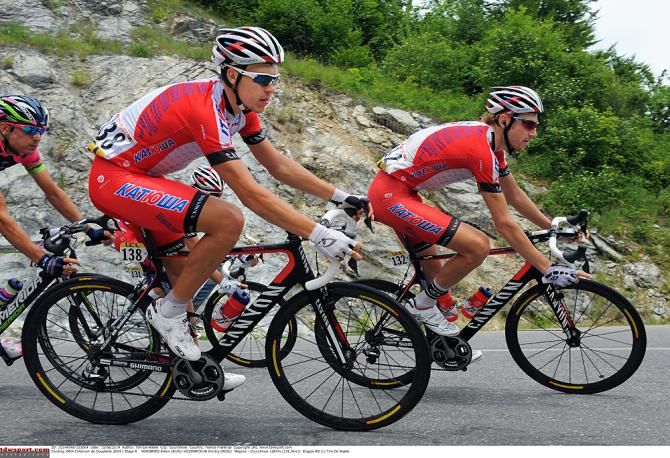 Katusha teammates Anton Vorobyev and Dmitry Kozontchuk