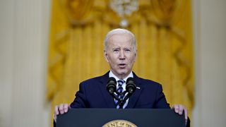 President Joe Biden speaks on the Russian invasion of Ukraine in the East Room of the White House in Washington, D.C., U.S., on Thursday, February 24, 2022.