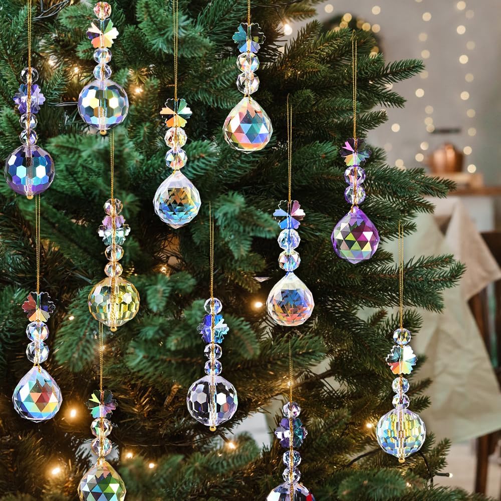 Vellibring 12 Pcs Christmas Crystal Ball Decorations Iridescent Tree Hanging Acrylic Ornaments Xmas Mini Prism Glass Ball Decor for Christmas Tree Party Wedding Home Decor