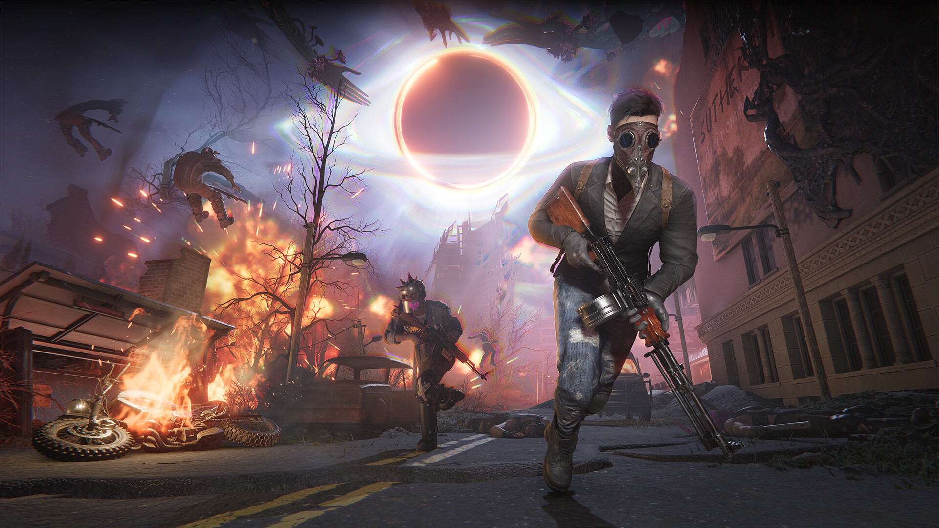 Armed figures in gas masks flee a black hole.