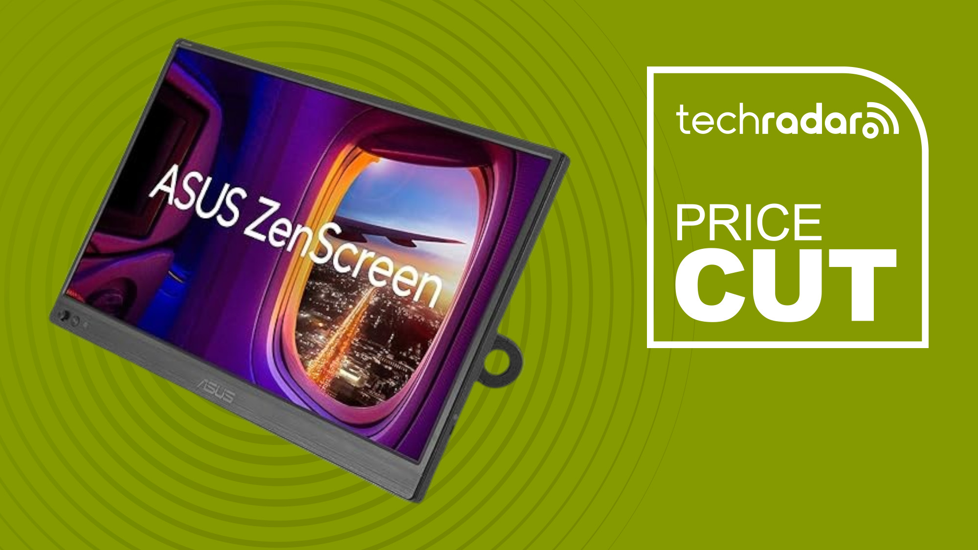 Asus Zenscreen MB169CK portable monitor on a green background next to a TechRadar badge reading ''Price Cut'