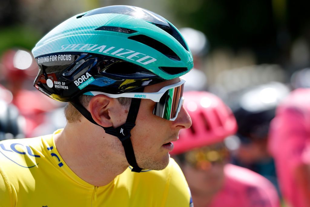 SAINT HAON LE VIEUXON FRANCE JUNE 01 Lukas Pstlberger of Austria and Team Bora Hansgrohe yellow leader jersey at start during the 73rd Critrium du Dauphin 2021 Stage 3 a 1722km stage from Langeac to Saint Haon Le Vieuxon Team Presentation UCIworldtour Dauphin dauphine June 01 2021 in Saint Haon Le Vieuxon France Photo by Bas CzerwinskiGetty Images