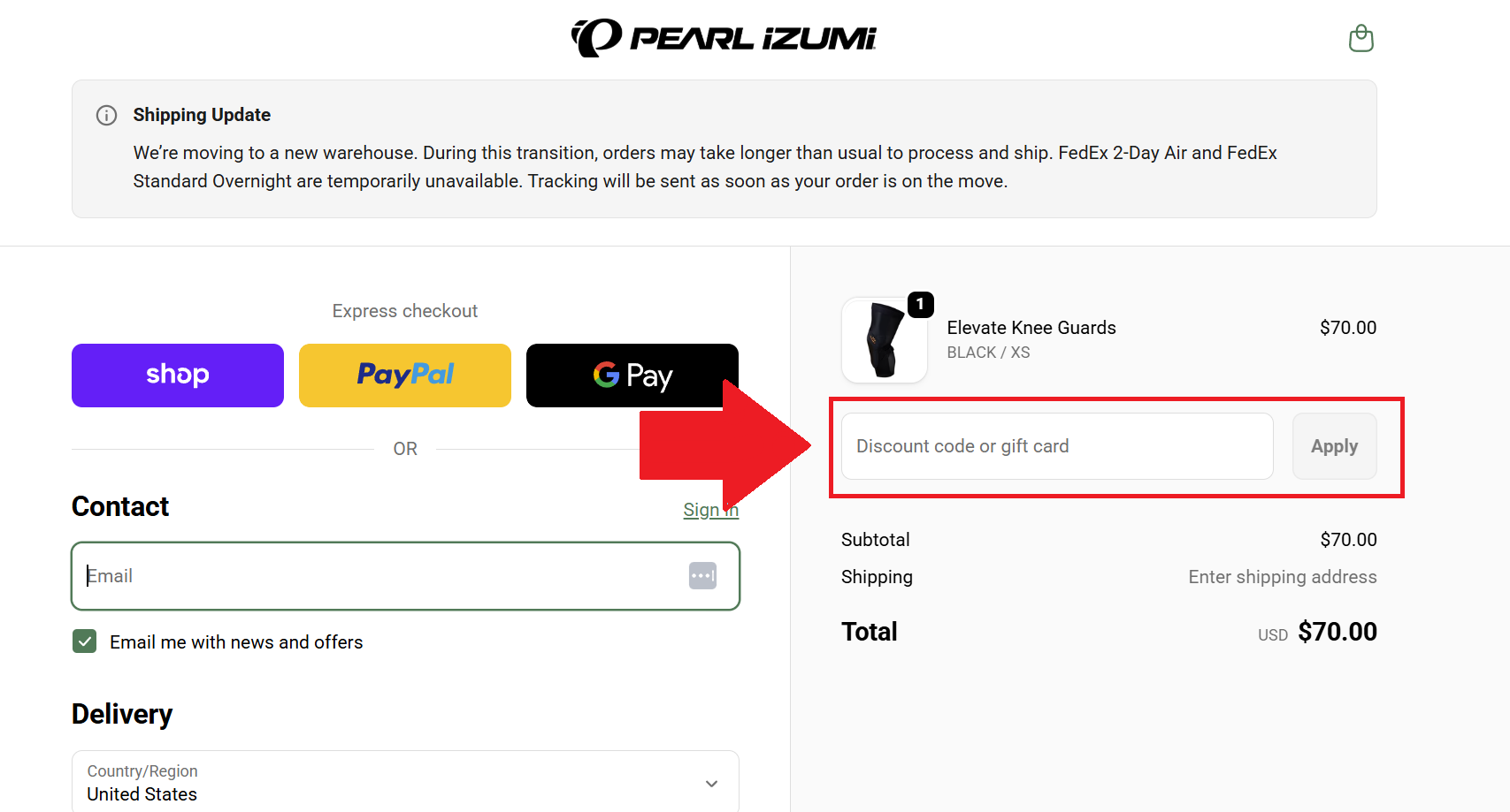 A screenshot of the pearl izumi checkout page showing where to enter a pearl izumi promo code