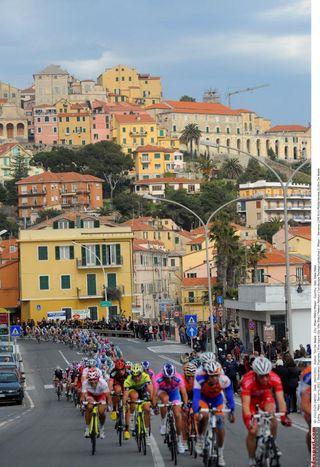 The Milan-San Remo peloton stretched out as it rolls through towns along the Ligurian Sea coastline