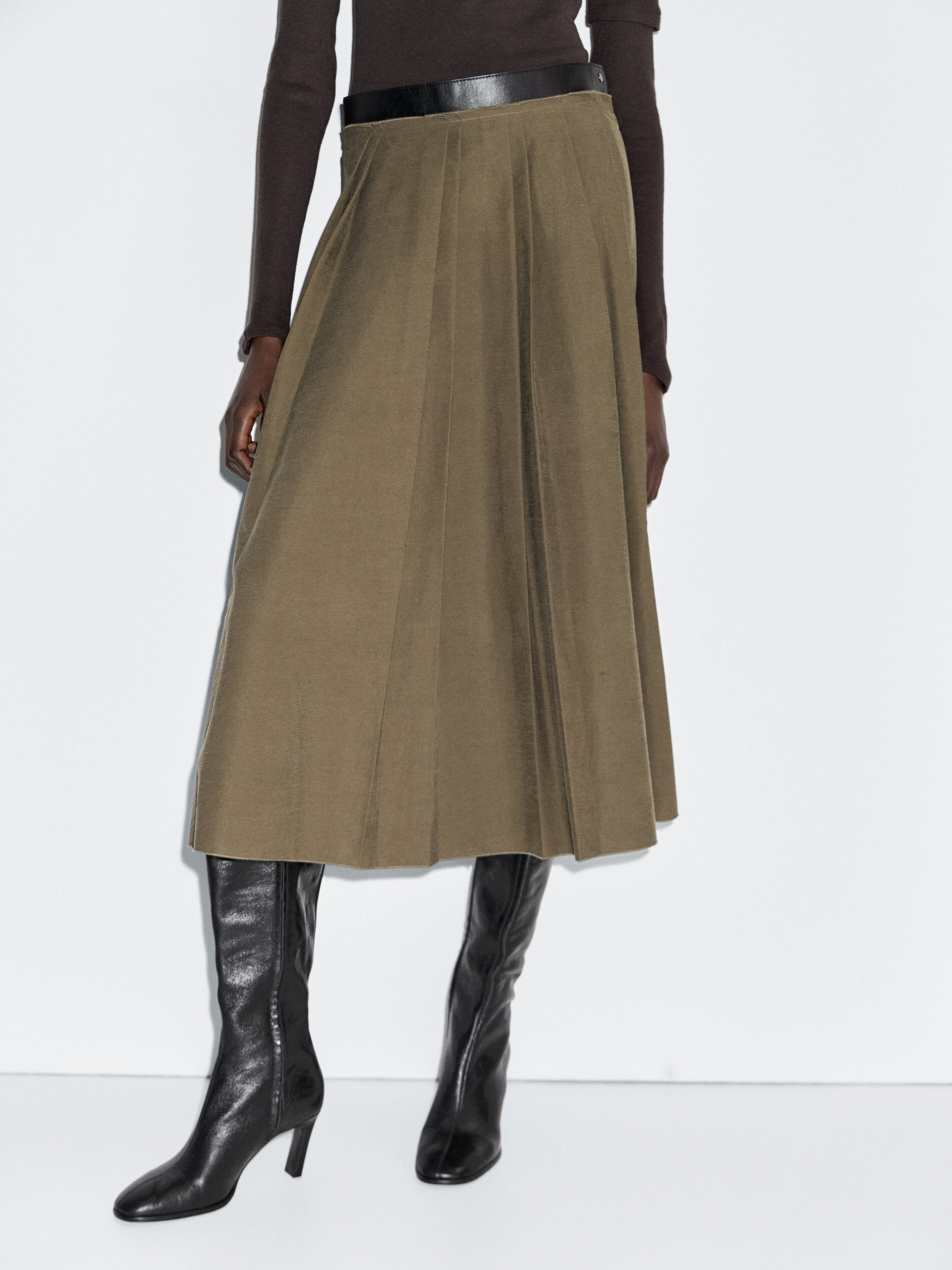 Pleated Midi Skirt With Waist Detail