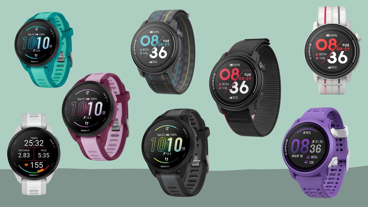 Coros vs Garmin devices - Pace 3 and Forerunner 165 in various colourways in collage