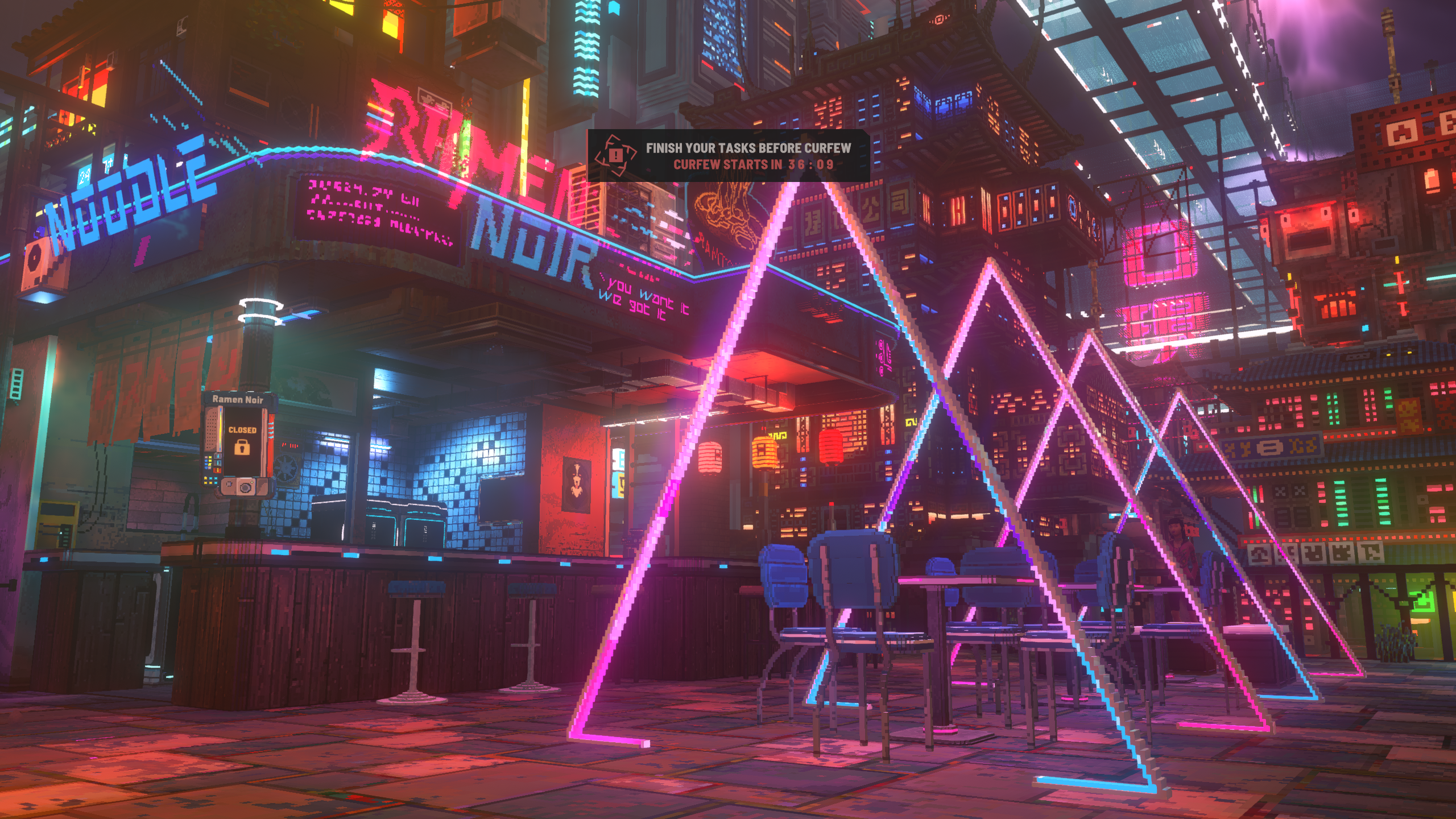 Nivalis Nights - Ramen Noir just before curfew with four triangle lights around its tables