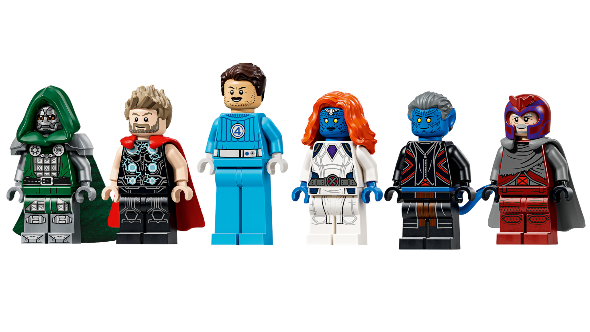 Lego Doomsday Epic Battles set minifigures of Doctor Doom, Thor, Reed Richards, Mystique, Nightcrawler, and Magneto lined up against a white background
