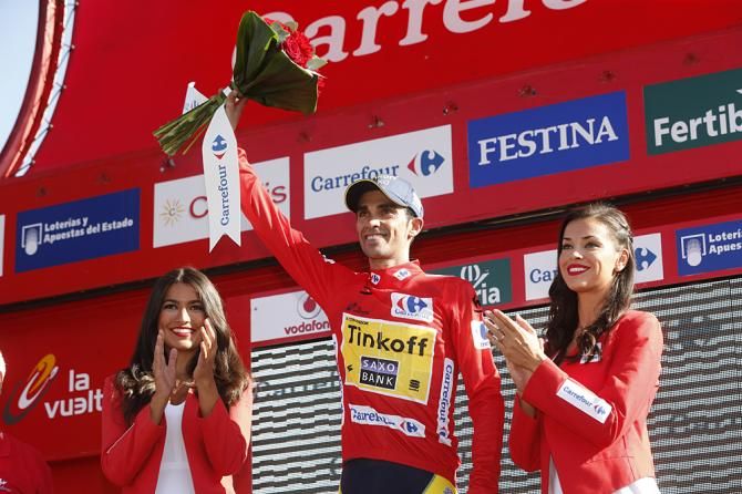 Alberto Contador (Tinkoff-Saxo) celebrates another day in the Vuelta's leader's jersey