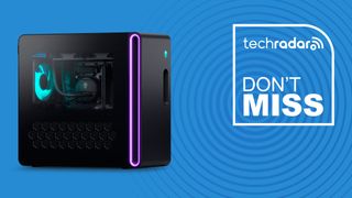 Alienware Aurora gaming desktop with blue background and TechRadar don't miss sign