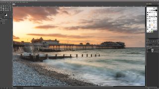 Screenshot of GIMP software editing a picture of beach at sunset