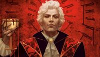 Cover art painting for the novel Baldur's Gate 3: Astarion showing a vampire with white hair and red eyes wearing a Victorian-like jacket and holding a gold chalice overflowing with blood.