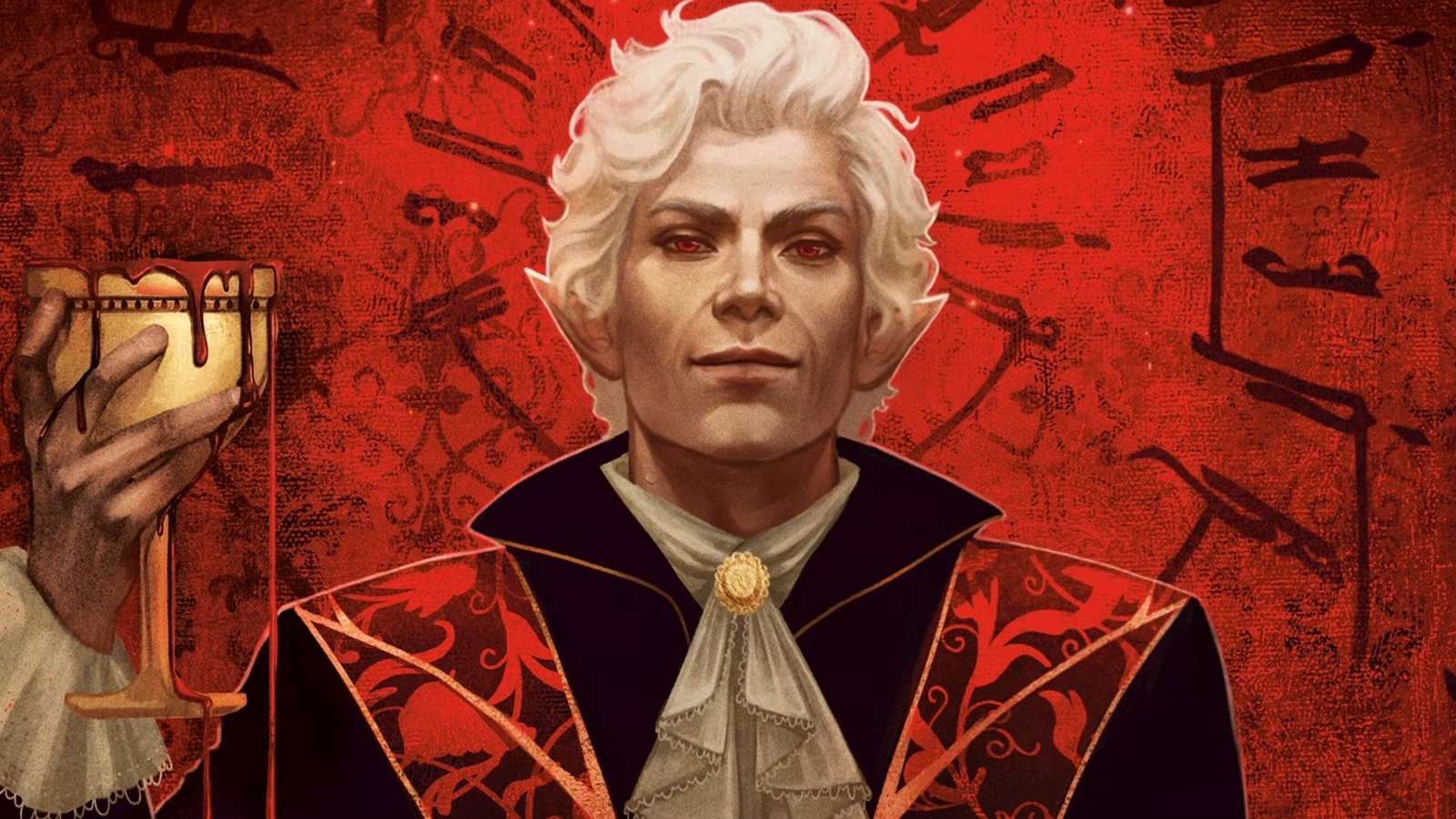 Cover art painting for the novel Baldur's Gate 3: Astarion showing a vampire with white hair and red eyes wearing a Victorian-like jacket and holding a gold chalice overflowing with blood.
