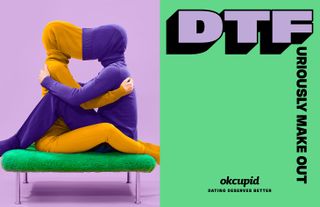 View of an OKCupid ad with a half purple, half green background. On the purple side, there is a couple dressed in mustard and purple coloured outfits. They are sitting face-to-face, embracing on a woolly green seat and their heads are completely covered by snood style pieces that are connected. And on the green side, there is text that says 'DTFuriously Make Out'
