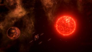 An ominous red star system with menacing ships