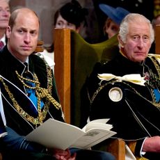 King Charles and Prince William wearing velvet robes sitting in chairs